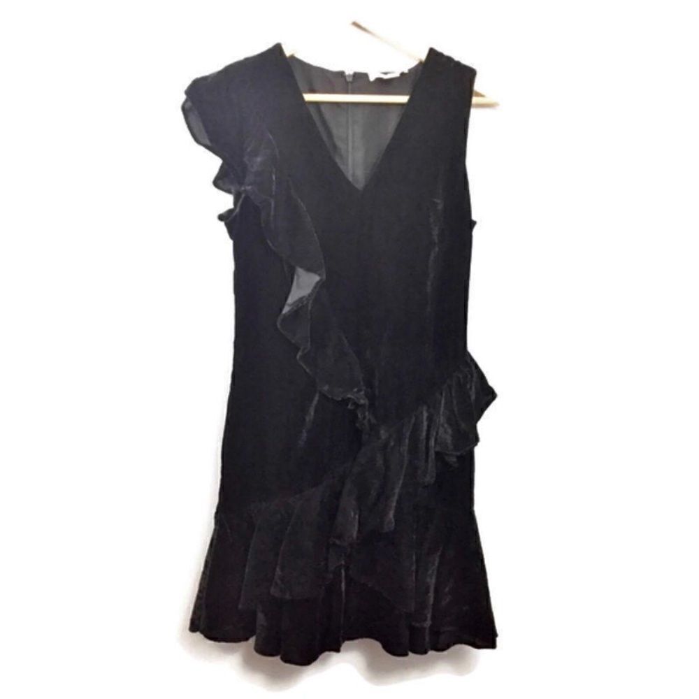 Scripted Black Velvet Ruffle Asymmetrical Dress